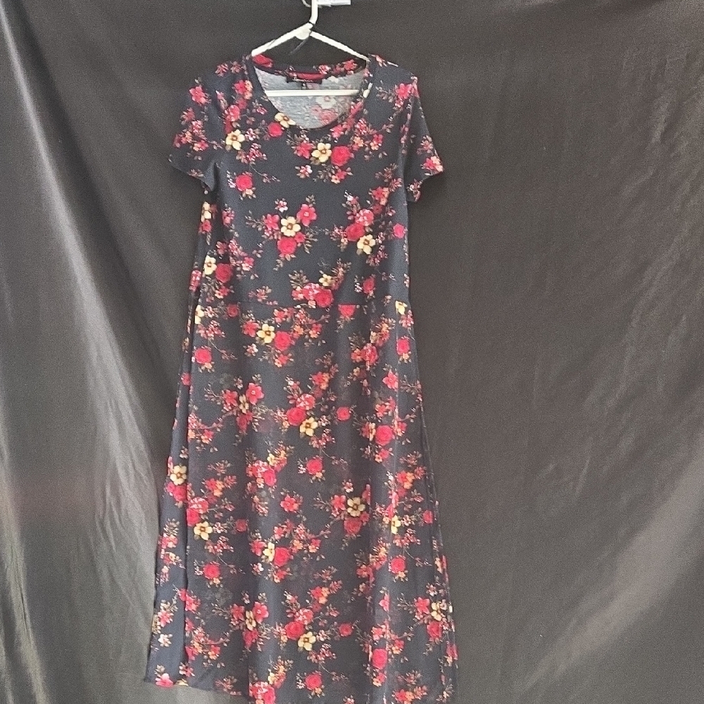 Sweet Rain Black Midi Dress with Red and Yellow Floral Design